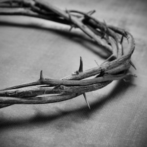 closeup of a representation of the Jesus Christ crown of thorns in black and white